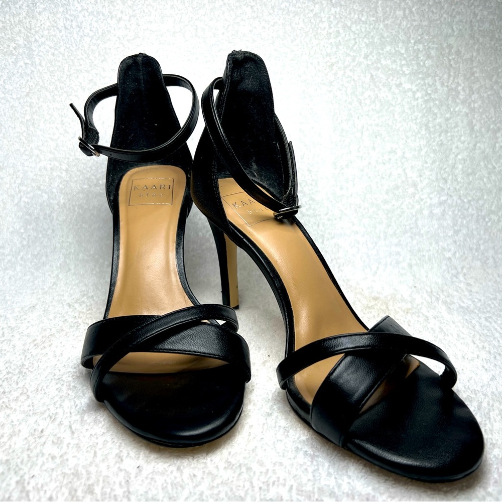 KAARI blue, black strap, ankle band, 3.5 inch heel.